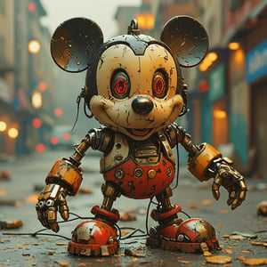 robo mickey mouse, ruined citalian ity background, no fur, mechanical face, LED eyes