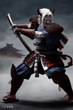 oni demon, male, ultra detailed, evil, japanese version, samurai version, japanese village background, traditional japanese weapon, light gray skin, fighting stance, samurai armour