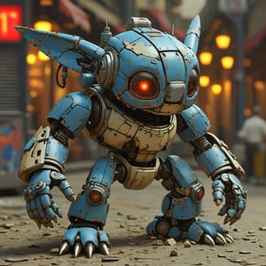 robo stitch disney, ruined citalian ity background, no fur, mechanical face, LED eyes, 4 arms, shoulder cannon