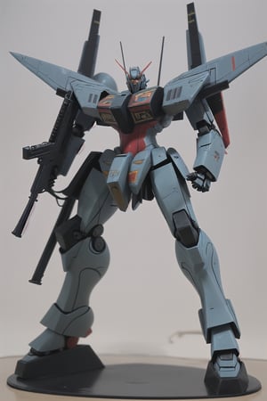 macross_mecha, full figure, F14_tomcat, super_robot, flying_pose, humanoid, combat_airplane, blue, camouflage_paint, full_face_mask, beefy, shoulder cannon, standing pose, big rifle
