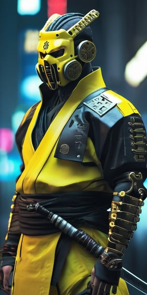 cyberpunk, samurai, yellow, full_figure, mask