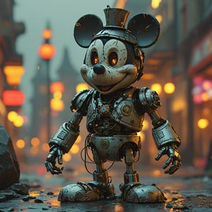 robo mickey mouse, ruined citalian ity background, no fur, mechanical face, LED eyes, arcane wizard