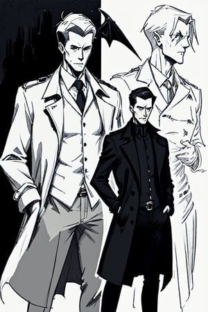 man with a trenchcoat, hands in his pocket, sketchlines, thin silouette, full figure, highly detailed, b&w, devil
