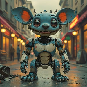 robo stitch disney, ruined citalian ity background, no fur, mechanical face, LED eyes