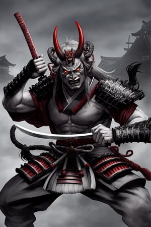 oni demon, male, ultra detailed, evil, japanese version, samurai version, japanese village background, traditional japanese weapon, light gray skin, fighting stance, samurai armour