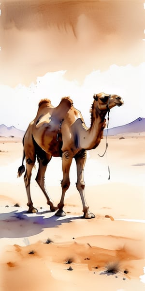 sketch of a camel walking in the desert, watercolour, monochromatic, rich saddlebags

