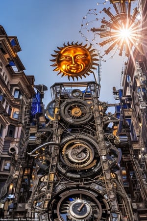 A massive mechanical sun that hangs in the city's center, its gears and cogs constantly whirring. It serves as both a timekeeping device and a mesmerizing spectacle during its daily "sunset."