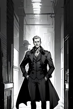 man with a trenchcoat, hands in his pocket, sketchlines, thin silouette, full figure, highly detailed, b&w, hamilton
