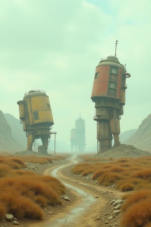 distant landscape of scrapped machines; style of Simon Stalenhag