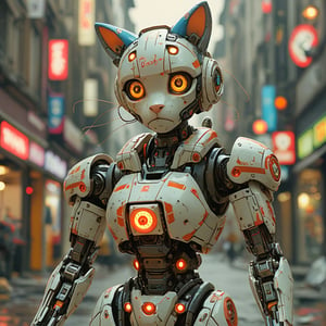 robo mew ruined citalian ity background, no fur, mechanical face, LED eyes