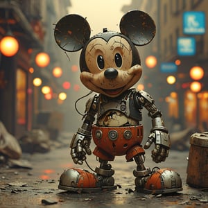 robo mickey mouse, ruined citalian ity background, no fur, mechanical face, LED eyes