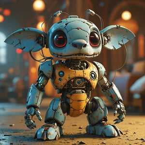 robo stitch disney, ruined citalian ity background, no fur, mechanical face, LED eyes, 4 arms