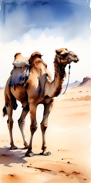 sketch of a camel walking in the desert, watercolour, monochromatic, rich saddlebags and saddle, faded

