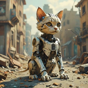 robo cat, ruined city background