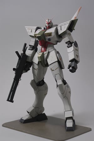 macross_mecha, full figure, F14_tomcat, super_robot, flying_pose, humanoid, combat_airplane, grey, camouflage_paint, full_face_mask, beefy, shoulder cannon, standing pose, big rifle
