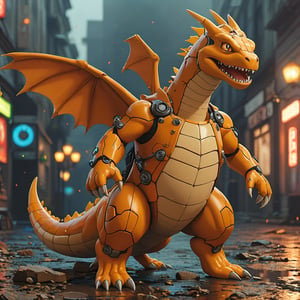 robo charizard ruined citalian ity background, no fur, mechanical face, LED eyes