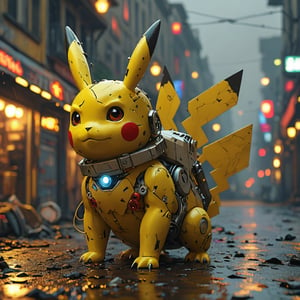 robo pikachu ruined citalian ity background, no fur, mechanical face, LED eyes