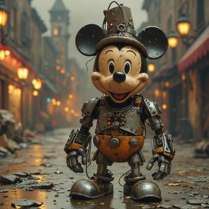 robo mickey mouse, ruined citalian ity background, no fur, mechanical face, LED eyes, arcane wizard