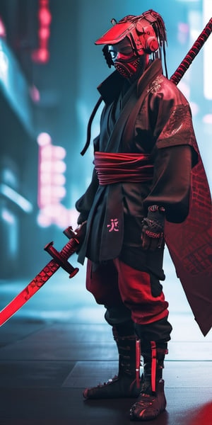 cyberpunk, samurai, red, full_figure, mask