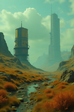 distant landscape of scrapped machines; style of Simon Stalenhag