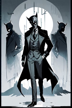 man with a trenchcoat, hands in his pocket, sketchlines, thin silouette, full figure, highly detailed, b&w, the sandman, mask
