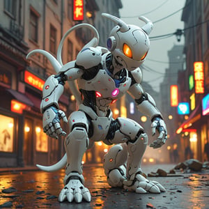 robo mewtwo ruined citalian ity background, no fur, mechanical face, LED eyes