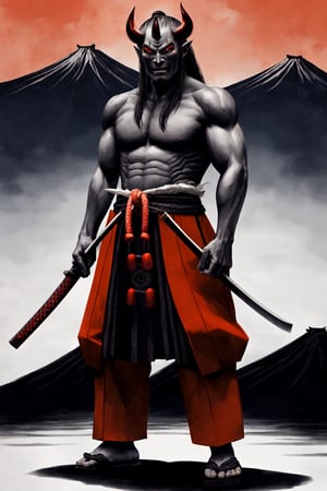 oni demon, male, full figure, standing pose, ultra detailed, evil, japanese version, samurai version, japanese village background, traditional japanese weapon