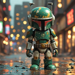 chibi robo boba fett ruined city background, no fur, mechanical face, LED eyes