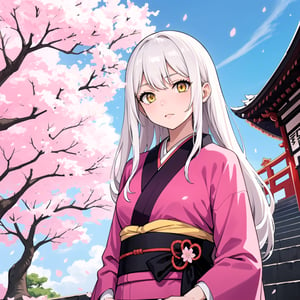 masterpiece, best quality, 1girl, yellow eyes, long hair, white hair, tree, stairs, standing, kimono, sky, cherry blossoms, temple, looking at viewer, upper body, from below, lady_raven,