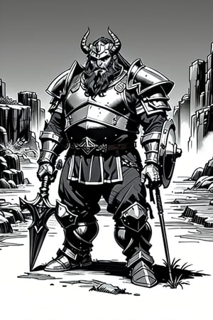 full figure; fantasy dwarf warrior; black&white; sketch; landscape minining site; d&d style; bulky and fat; sturdy; short; chubby; lord of the ring style; very long beard; big nose; full armor; horned helm; warhammer and shield; 
