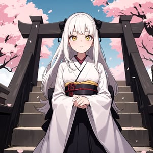 masterpiece, best quality, 1girl, yellow eyes, long hair, white hair, tree, stairs, standing, kimono, sky, dead cherry blossoms, temple, looking at viewer, upper body, from below, lady_raven, black, gothic_lolita