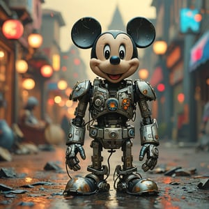 robo mickey mouse, ruined citalian ity background, no fur, mechanical face, LED eyes, arcane wizard