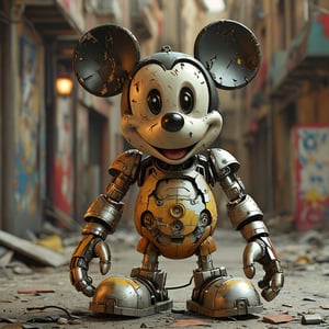 robo mickey mouse, ruined citalian ity background, no fur, mechanical face, LED eyes