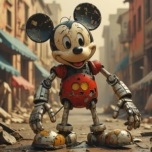 robo mickey mouse, ruined citalian ity background, no fur, mechanical face, LED eyes