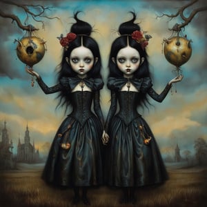 twins, in the style of esao andrews, baroque, black_hair, gothic