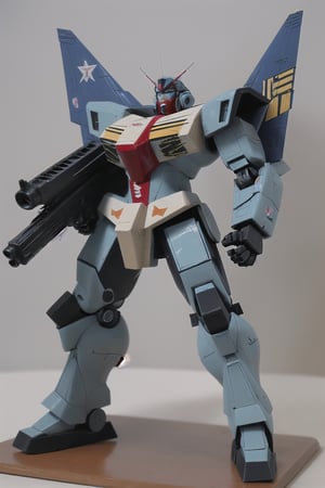 macross_mecha, full figure, F14_tomcat, super_robot, flying_pose, humanoid, combat_airplane, blue, camouflage_paint, full_face_mask, beefy, shoulder cannon, standing pose, big rifle, rounder shapes
