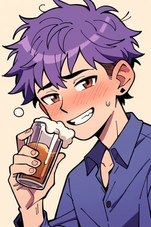 score_9, score_8_up, score_7_up, 1 teen boy, Amity Blight, short purple hair, messy hair, brown eyes, pointy, looking at viewer, drunk, blushing, cartoon