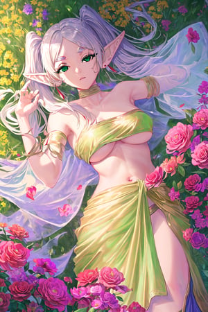 ((masterpiece,best quality, betterhands,5_fingered, detailed_background,complex_bg, detailed,flower field, outdoor)((sexy pose,breast_curtain ,pelvic_curtain,side-boob,frieren, long hair, twintails, (green eyes:1.5), white hair, pointy ears, elf)),((saree, wearing saree,indian clothing,saree,infian saree,sideslit)),sari,Frieren