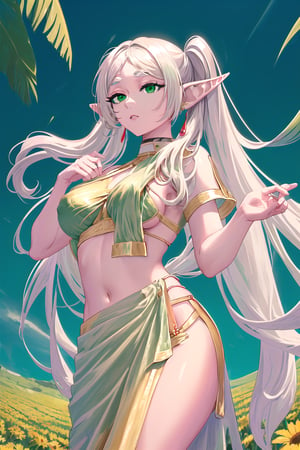 ((masterpiece,best quality, betterhands,5_fingered, detailed_background,complex_bg, detailed,flower field, outdoor)((sexy pose,breast_curtain ,pelvic_curtain,side-boob,frieren, long hair, twintails, (green eyes:1.5), white hair,gray hair, pointy ears, elf)),((saree, wearing saree,indian clothing,saree,infian saree,sideslit)),sari,Frieren