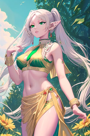 ((masterpiece,best quality, betterhands,5_fingered, detailed_background,complex_bg, detailed,flower field, outdoor)((sexy pose,breast_curtain ,pelvic_curtain,side-boob,frieren, long hair, twintails, (green eyes:1.5), white hair, pointy ears, elf)),((saree, wearing saree,indian clothing,saree,infian saree,sideslit)),sari,Frieren