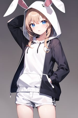masterpiece, high quality, 1girl, simple background, amiyaCASA,rabbit ears, hood up, open hoodie, white shorts, standing, looking at viewer, cowboy shot