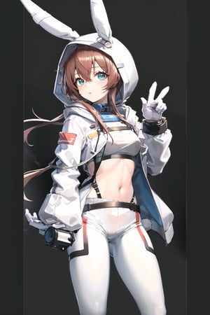 masterpiece, high quality, 1girl, simple background, amiyaCASA,rabbit ears, hood up, open hoodie, white shorts, standing, looking at viewer, cowboy shot