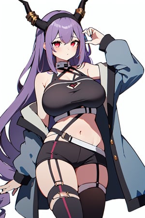 masterpiece, typhon, 1girl, solo, (huge breasts:1.2), simple background, (small girl), dragon horns, very long hair, hairband, purple hair, red eyes, black shirt, black shorts, garter straps, grey coat, off shoulder, open coat, (asymmetrical legwear, single thighhigh:1.2), thigh strap
