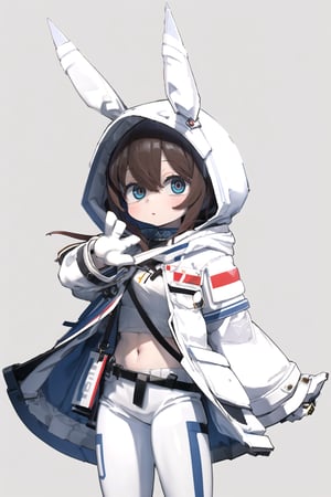 masterpiece, high quality, 1girl, simple background, amiyaCASA,rabbit ears, hood up, open hoodie, white pants,cowboy shot, standing, looking at viewer