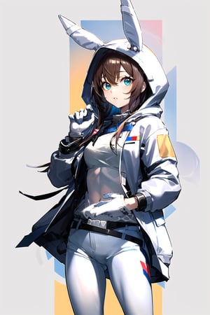 masterpiece, high quality, 1girl, simple background, amiyaCASA,rabbit ears, hood up, open hoodie, white pants,cowboy shot, standing, looking at viewer