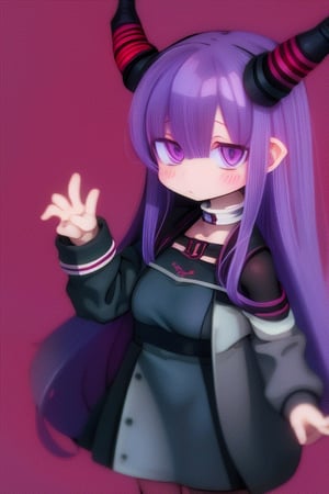 typhon,  1girl,  simple background,  waving hand,  purple hair,  red eyes,  standing,dragon horns