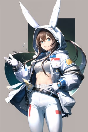 masterpiece, high quality, 1girl, simple background, amiyaCASA,rabbit ears, hood up, open hoodie, white pants,cowboy shot, standing, looking at viewer