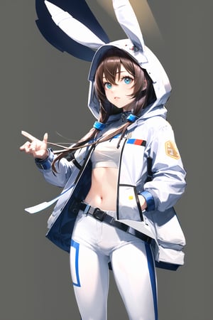 masterpiece, high quality, 1girl, simple background, amiyaCASA,rabbit ears, hood up, open hoodie, white pants,cowboy shot, standing, looking at viewer