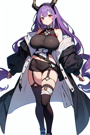 masterpiece, typhon, 1girl, solo, (huge breasts:1.2), simple background, (small girl), dragon horns, very long hair, hairband, purple hair, red eyes, black shirt, black shorts, garter straps, grey coat, off shoulder, open coat, (asymmetrical legwear, single thighhigh:1.2), thigh strap