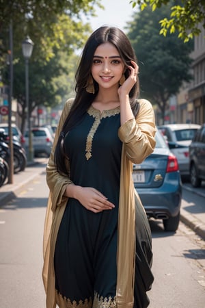((High resolution)),((high detailed)), (Portrait of a young woman:1.3), (sunlit road:1.2), (joyful laughter:1.2), (flowing black hair:1.2), (Indian Salwar suit:1.3), (curvy figure:1.3), (vibrant street:1.2), (small shops:1.2), (lush trees:1.2), (highly detailed:1.3), (cinematic lighting:1.2), (photorealistic painting:1.3), (ethereal atmosphere), (captivating smile), (emotive expression), (golden hour lighting), (impeccable fashion), (trending on Instagram), (artistically composed), (impressive use of colors).